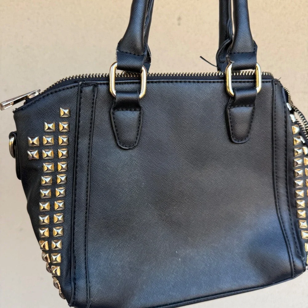 Unbranded Black Studded Satchel Handbag Gold Pyramid Studs Zebra Lining Rocker